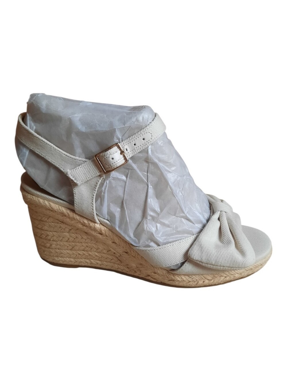 🛍 NIB Life Stride Tahlia Bone Canvas Ankle Strap Bow Espadrille Wedges Size 7